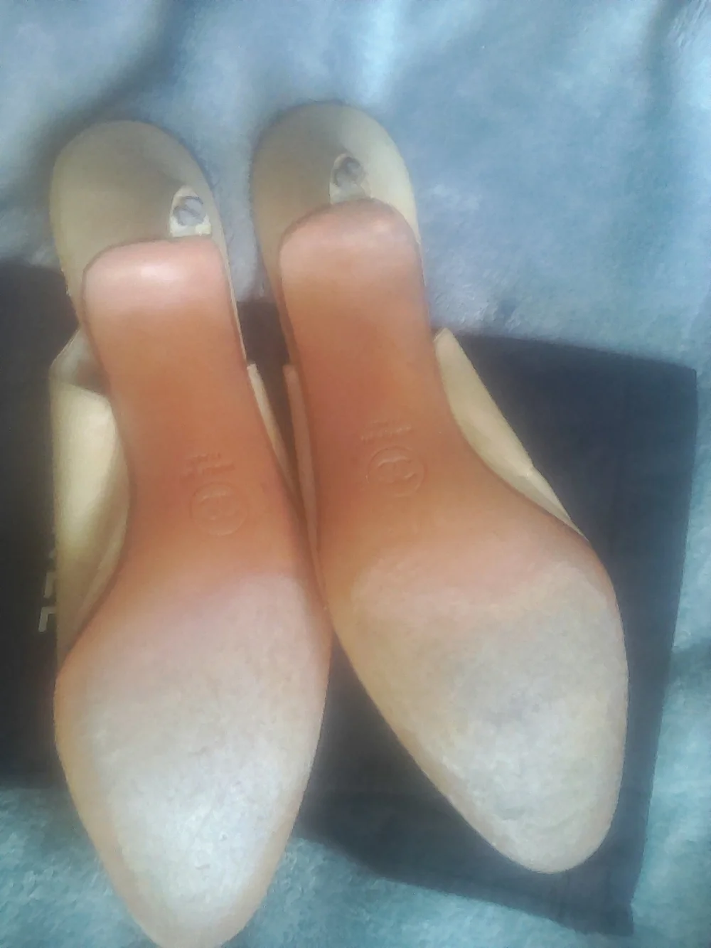Authentic Chanel Tan & Navy Leather Slingback Heels  Best Reasonable Offers
